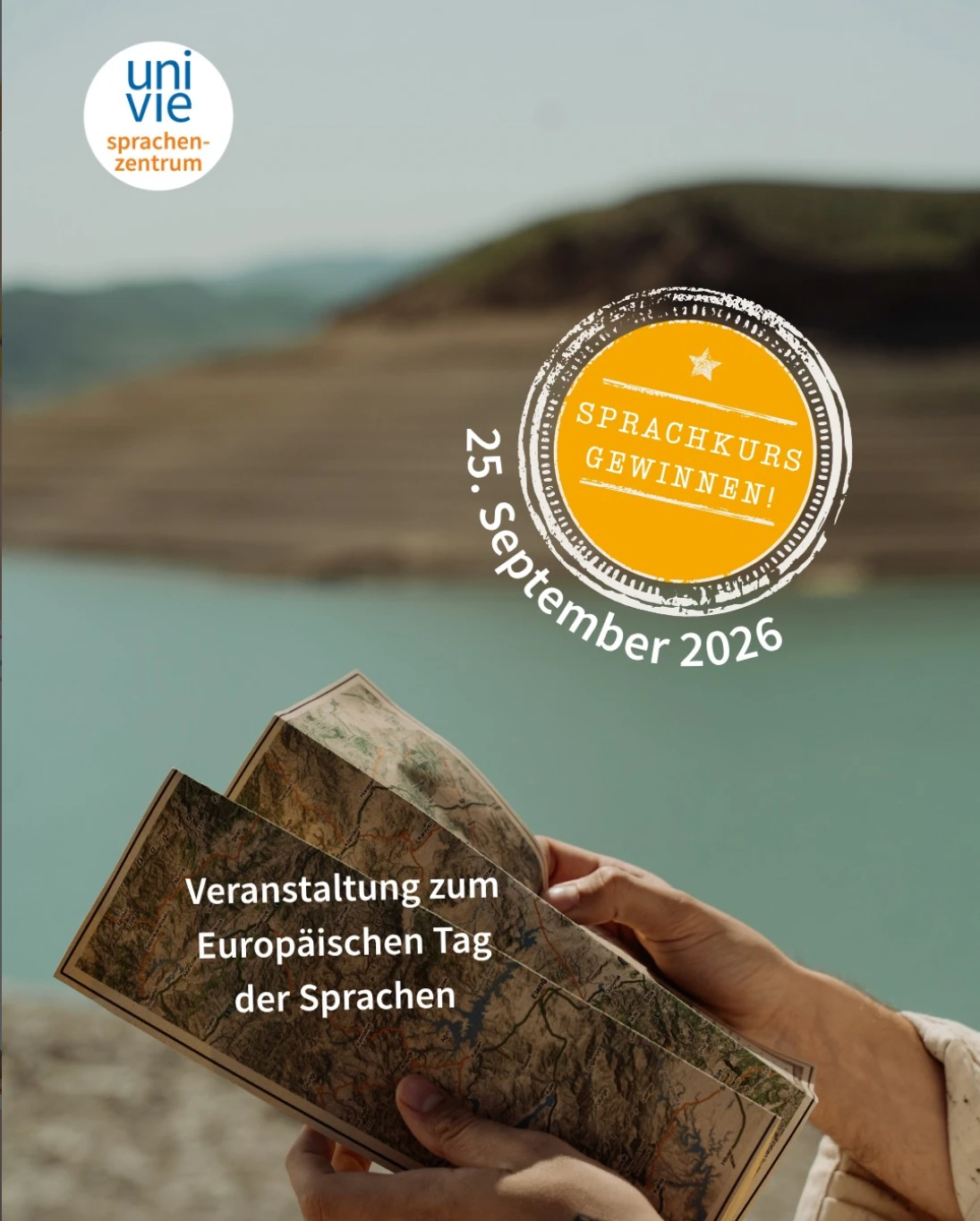 Werbeplakat für eine Veranstaltung zum Europäischen Tag der Sprachen des Sprachenzentrums der Universität Wien am 25. September 2026 mit Gewinnspiel für einen Sprachkurs